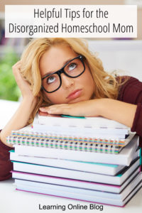 Woman with head on books - Helpful Tips for the Disorganized Homeschool Mom