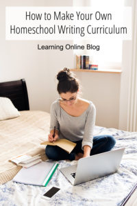 Woman sitting on bed using computer - How to Make Your Own Homeschool Writing Curriculum