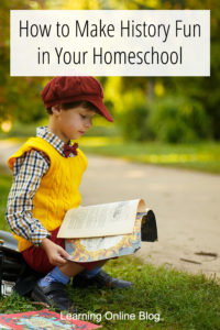 Boy in 20's clothes reading a book - How to Make History Fun in Your Homeschool